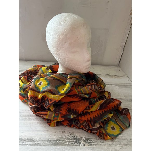 Orange green brown yellow geometric shape large rectangular sheet scarf - Picture 1 of 4